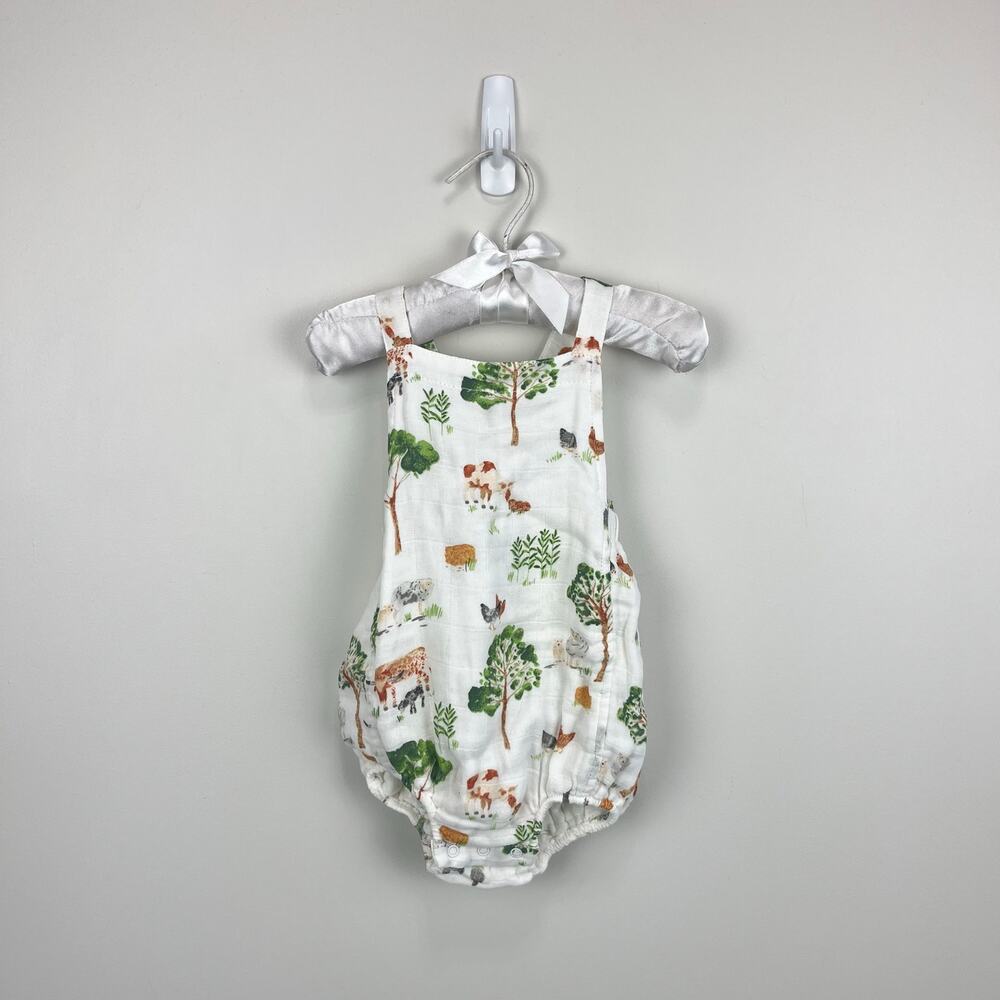 Angel Dear Organic Cotton Muslin Retro Sunsuit Romper Farm Friends 6-12 Months